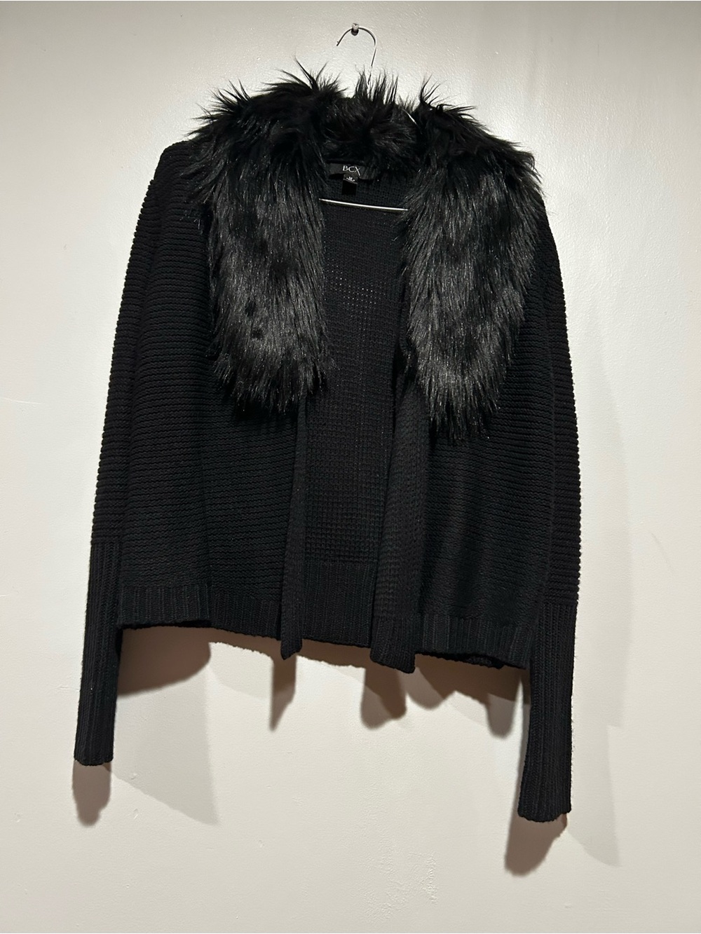 BCX Black Faux-Fur Collar Open-Front Knit Cardigan